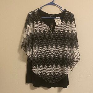 Black & White Chevron Overlay Blouse - Petite